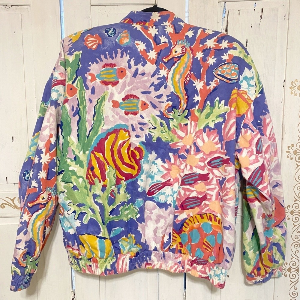 VTG 80s Reversible Bomber Jacket Ocean Themed Size Large Vibrant Rare EUC USA - Picture 10 of 15